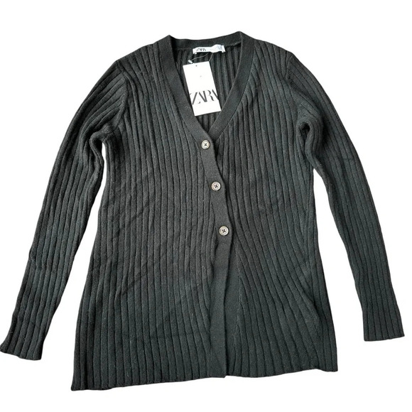 Zara NWT Wool Blend Asymmetrical Button Ribbed Knit Cardigan Sweater Black Small - Picture 4 of 10